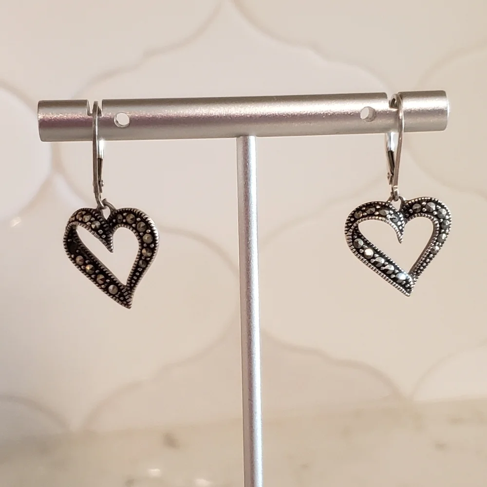 Heart dangle sterling/ marcasite earrings - Picture 1 of 4